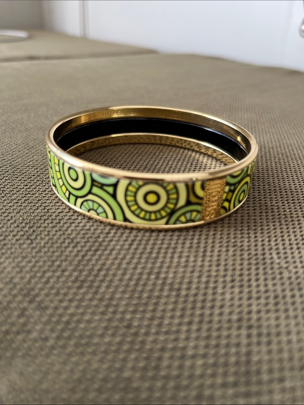 Gold-Tone Green Patterned Stroili Enamel Bangle Bracelet